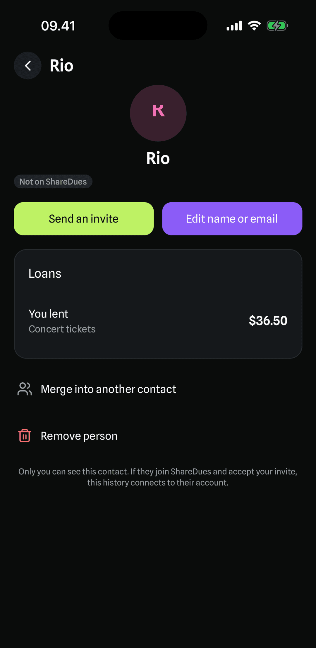 A tracked contact's profile with the Send an invite button and a loan for concert tickets