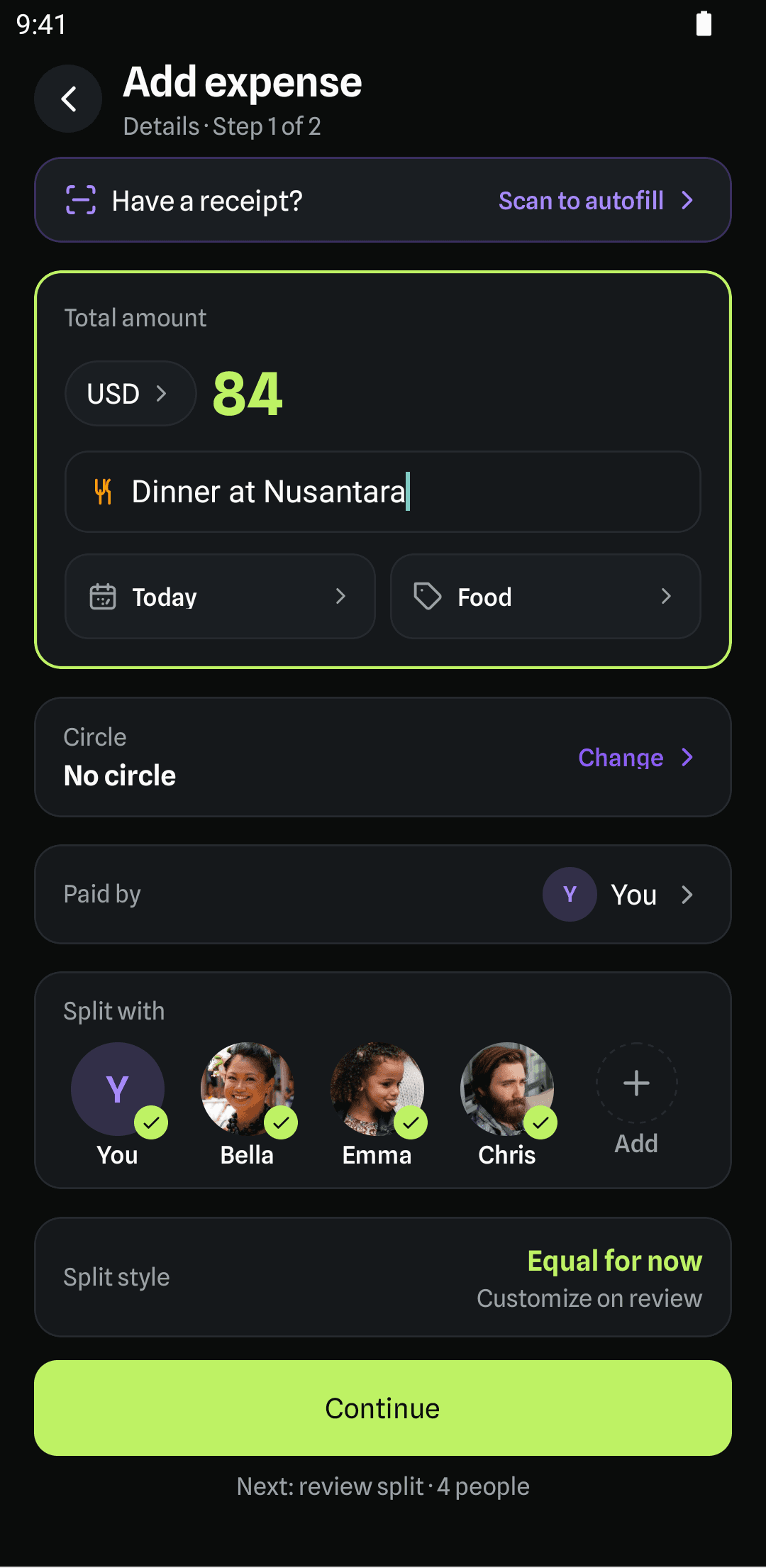 ShareDues expense split screen dividing an $84 dinner between four friends
