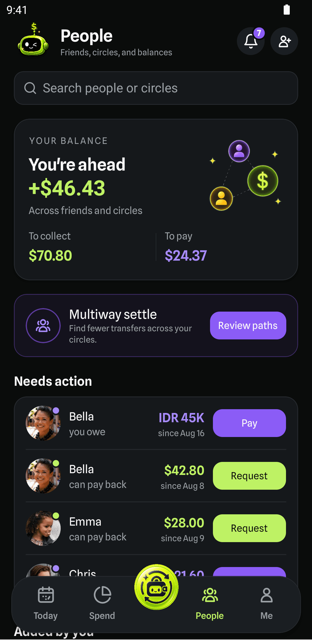 ShareDues people screen with every friend's balance in one place