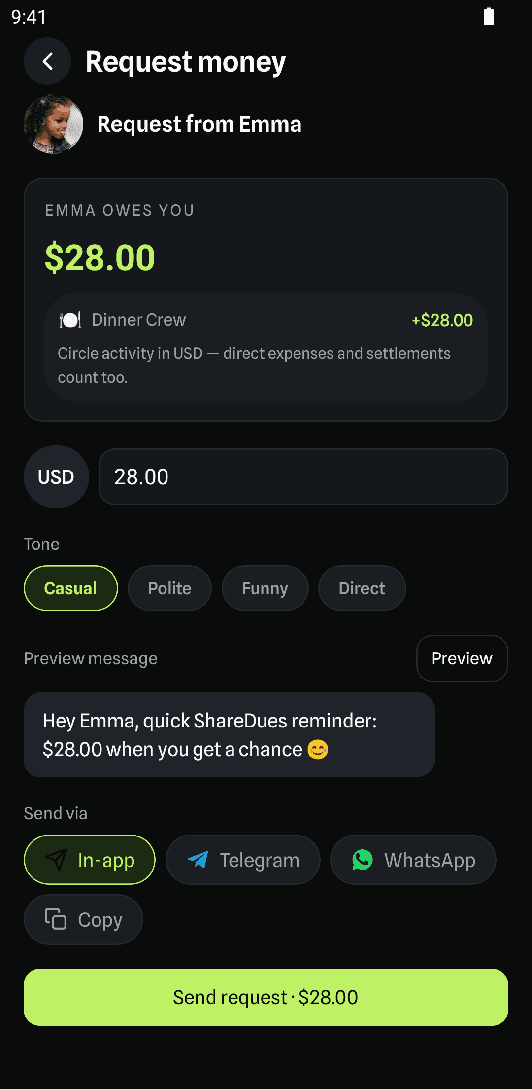 ShareDues payment request with an AI-written friendly reminder message