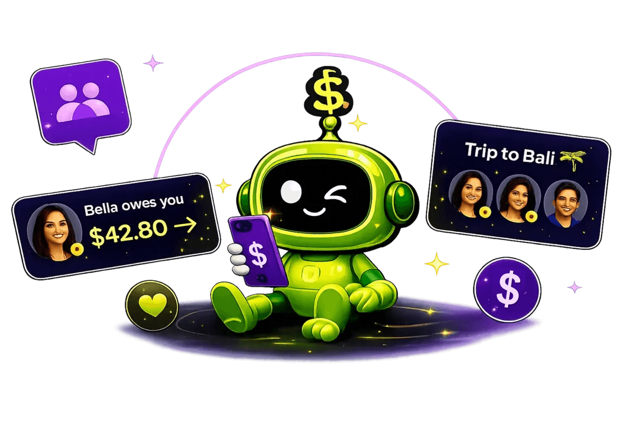 The ShareDues mascot checking balances on a phone, surrounded by a trip circle and a friend's paid-back balance